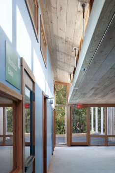 This photo shows the lobby with natural light entering through a clerestory. Interior materials include reclaimed beech ceiling material, FSC certified wood windows, urea-formaldehyde free wood beams, and salvaged doors.