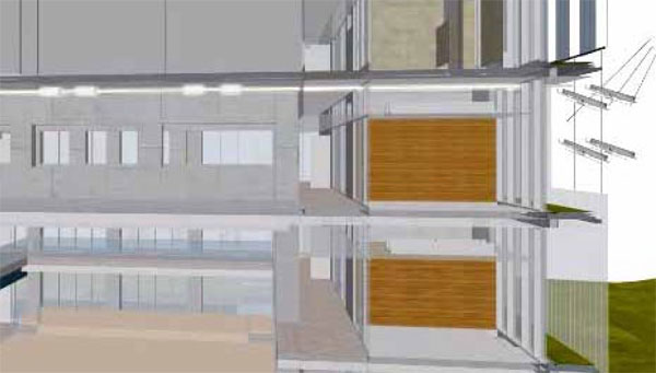 Для наружного освещения здания используются солнечные панели, расположенные по фасаду под крышей. Система трансформации и распределения света сокращает выбросы CO2 и других парниковых газов